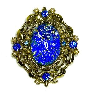 Vintage Brooch Dragons Breath Blue Rhinestone Vtg Estate Jewelry A21